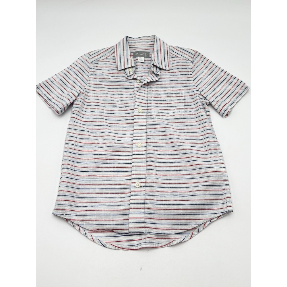 The Children's Place Boys Button Up Shirt Striped Red White Blue Cotton Sz 5/6